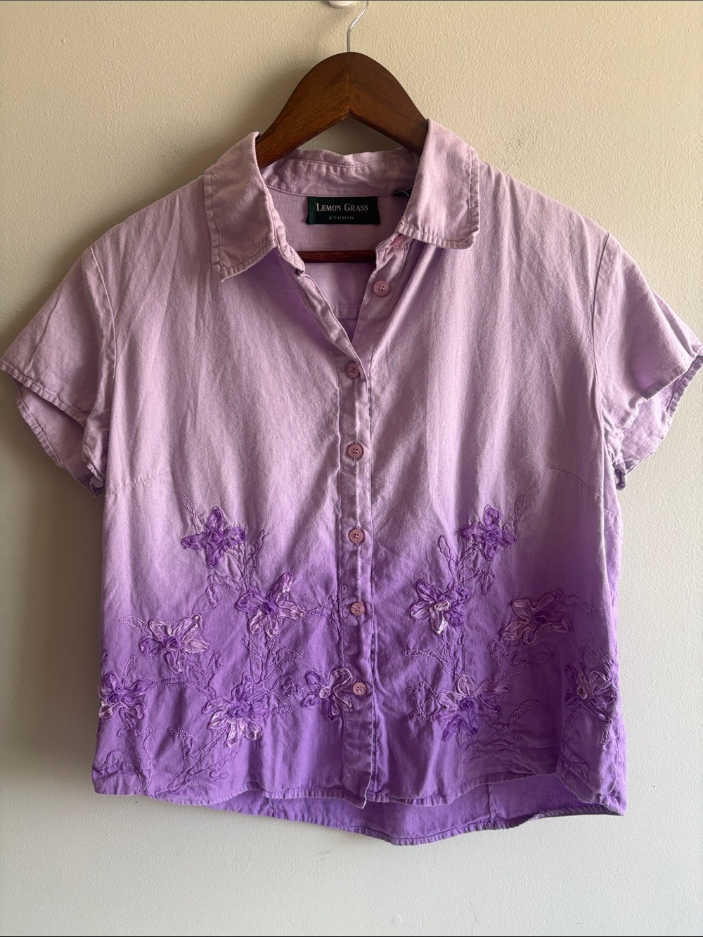 Lemon Grass Studio Linen Blend Ombre Floral Applique Button Shirt L